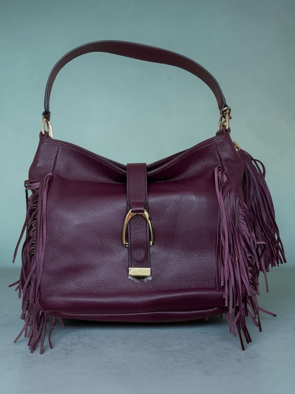 G.I.L.I. Burgundy Pebbled Leather Fringed Large Stirrup Hobo Bag Quality NEW